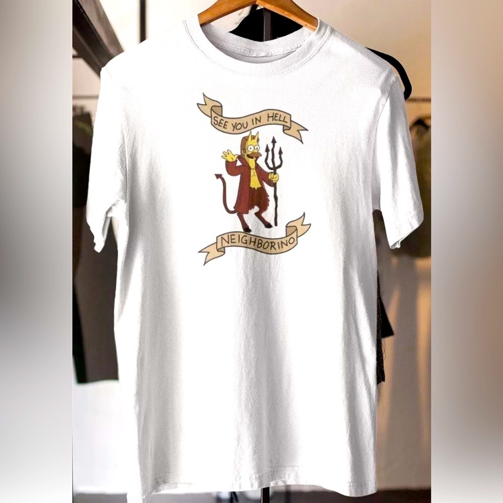See You iN Hell Neighborino! Simpsons Ned Flanders Devil Men’s White Tee